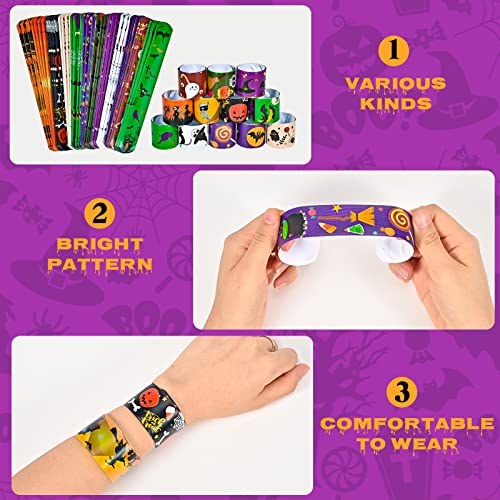48pcs Halloween Slap Bracelets,Assorted Snap Bracelet Pumpkin Witch Wristbands for Kids Trick or Treat Halloween Party Favors Supply