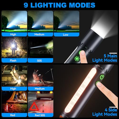 ADDplus Magnetic Flashlight Rechargeable,5000mAh Flashlights High Lumens with 9 Modes,Waterproof, Adjustable,Powerful Flash Light,Emergency Multi-Flashlights for Home,Car,Hiking,Camping (1, Black)