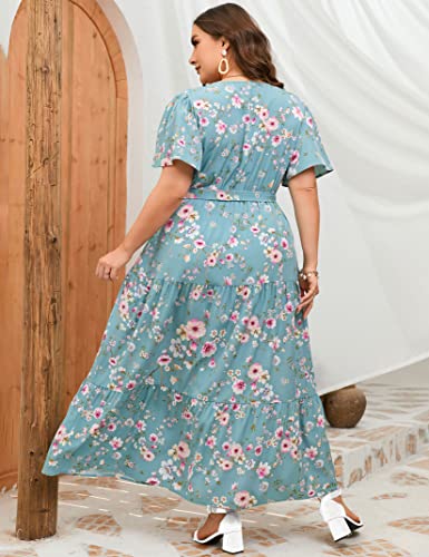 Image of ShopWonder Womens Plus Size V Neck Wrap Maxi Dress High Waist Ruffle Summer Casual Dress with Belt