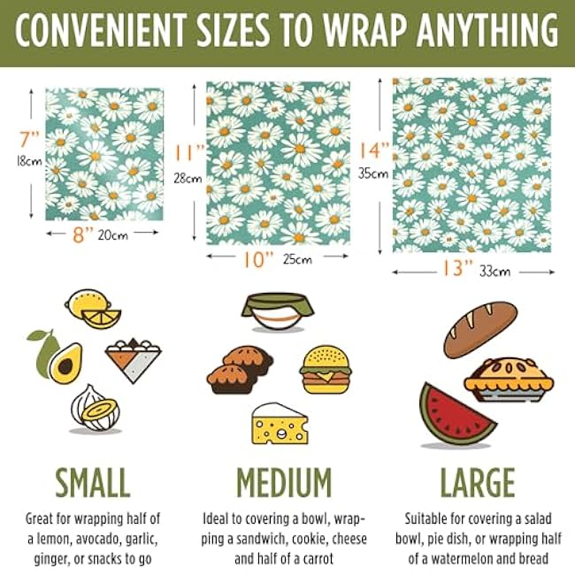 Beeswax Wraps for food 3-Pack, bee wraps reusable with Multi-function brush, Eco-Friendly to Wrap Fruits & Bread,sandwich Wraps (S,M,L) with Daisy Design