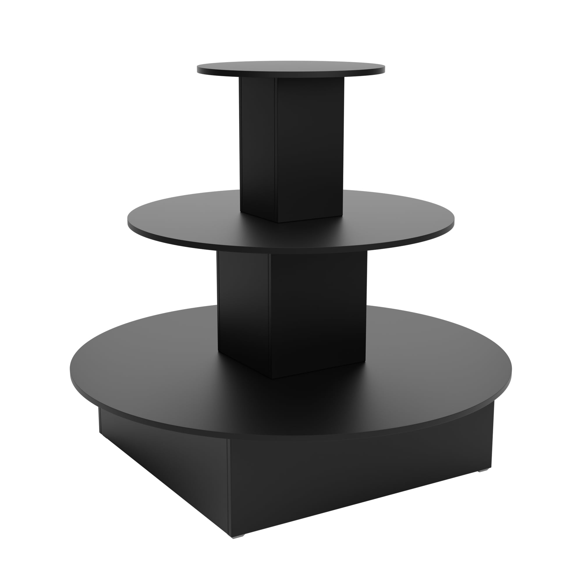 48" W x 48" D x 42" H - 3 Tiered Black Wood Frame Round Retail Display Table