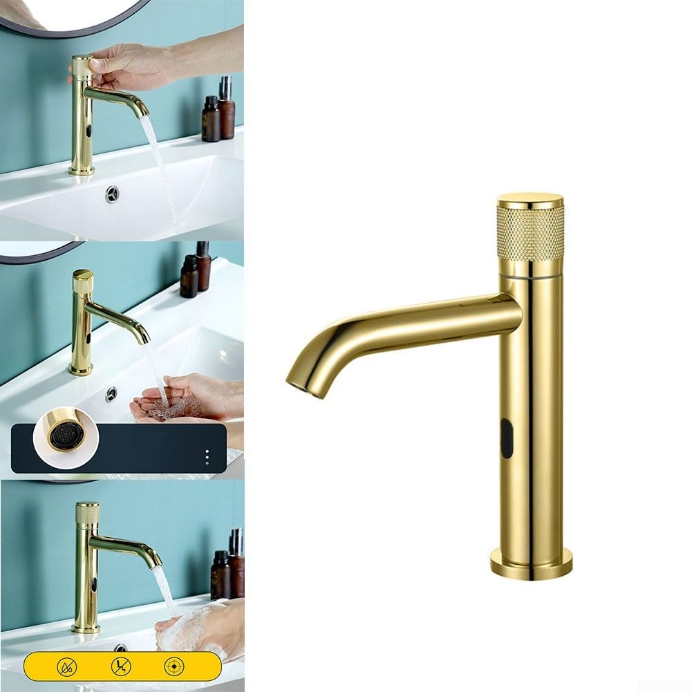 Grifo de baño con sensor infrarrojo inteligente de acero inoxidable de grado 304 con apagado automático de 3 segundos, diseño de ahorro de agua, color dorado