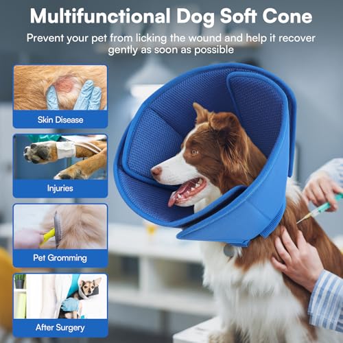 Image of Queenmore Soft Dog Cone for Small Dogs, Adjustable Comfy Dog Cone Collar | Cones Collar Alternative for Post-Surgery Wound Healing, Soft Fabric Cone for Dogs to Stop Licking After Surgery, Blue,S