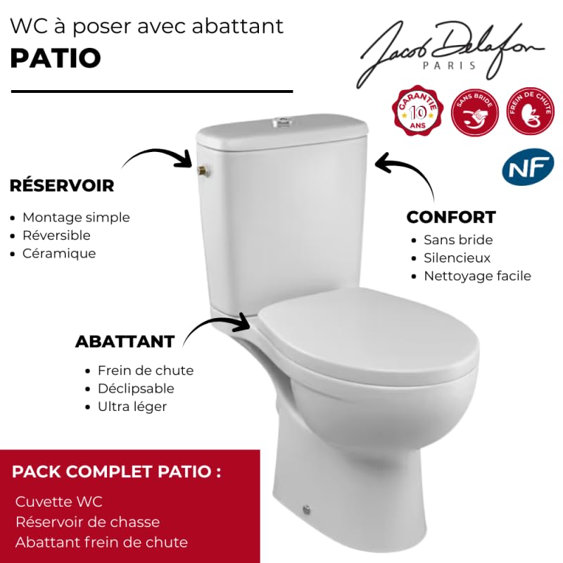 WC à poser JACOB DELAFON Patio sans bride avec abattant frein de chute déclipsable, sortie horizontale, chasse d'eau double touche 3/6 L, réservoir silencieux, cuvette céramique certifiée NF