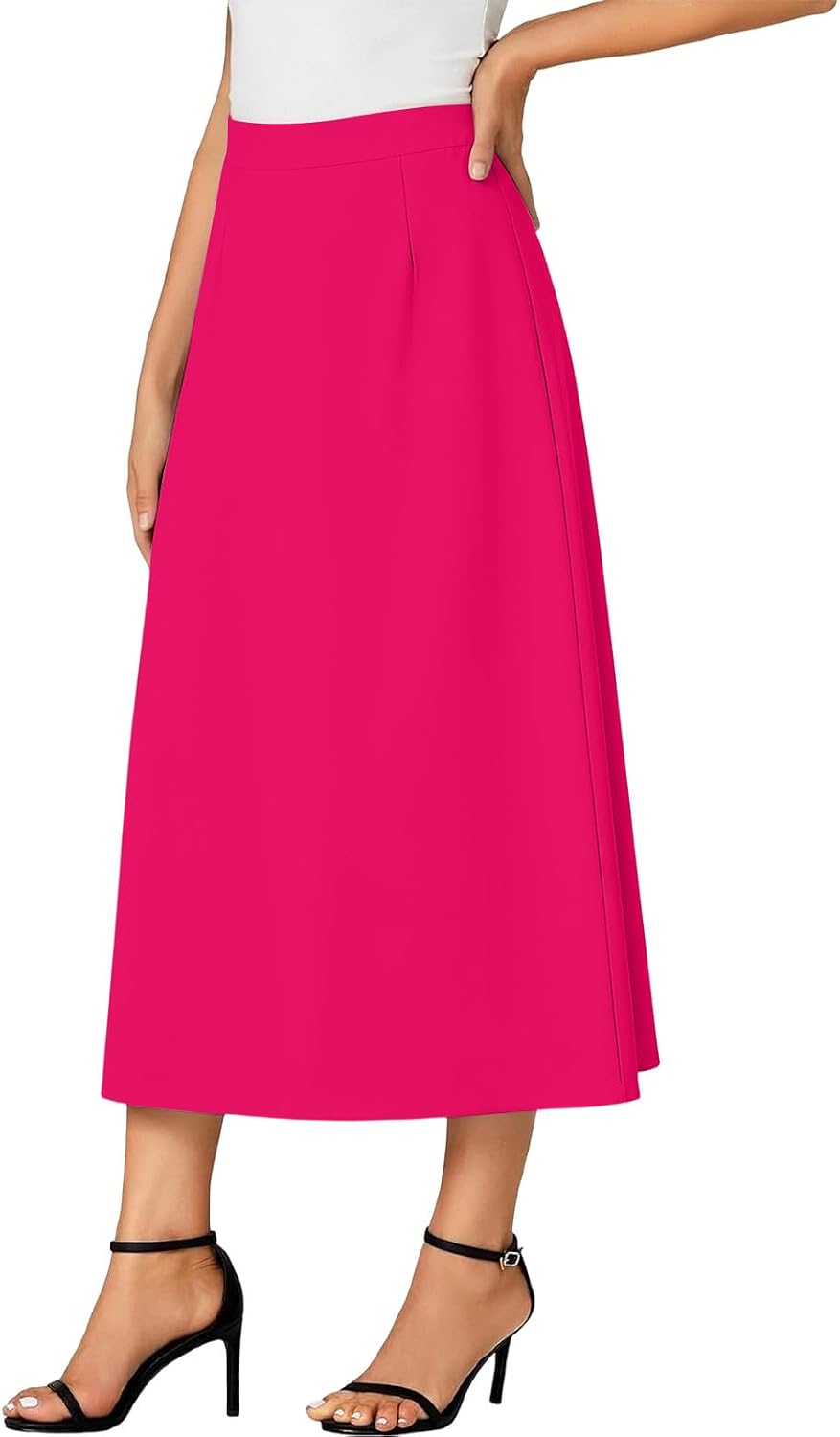 Women's A-Line Midi Skirt High Elastic Waisted Business Casual Solid Color Skirts Summer Office Work Trendy Clothes