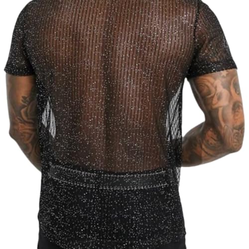 Mens Lace Shirt Sexy Sheer Top See Through Short Sleeve Glitter Undershirts Male Mesh T-Shirt2