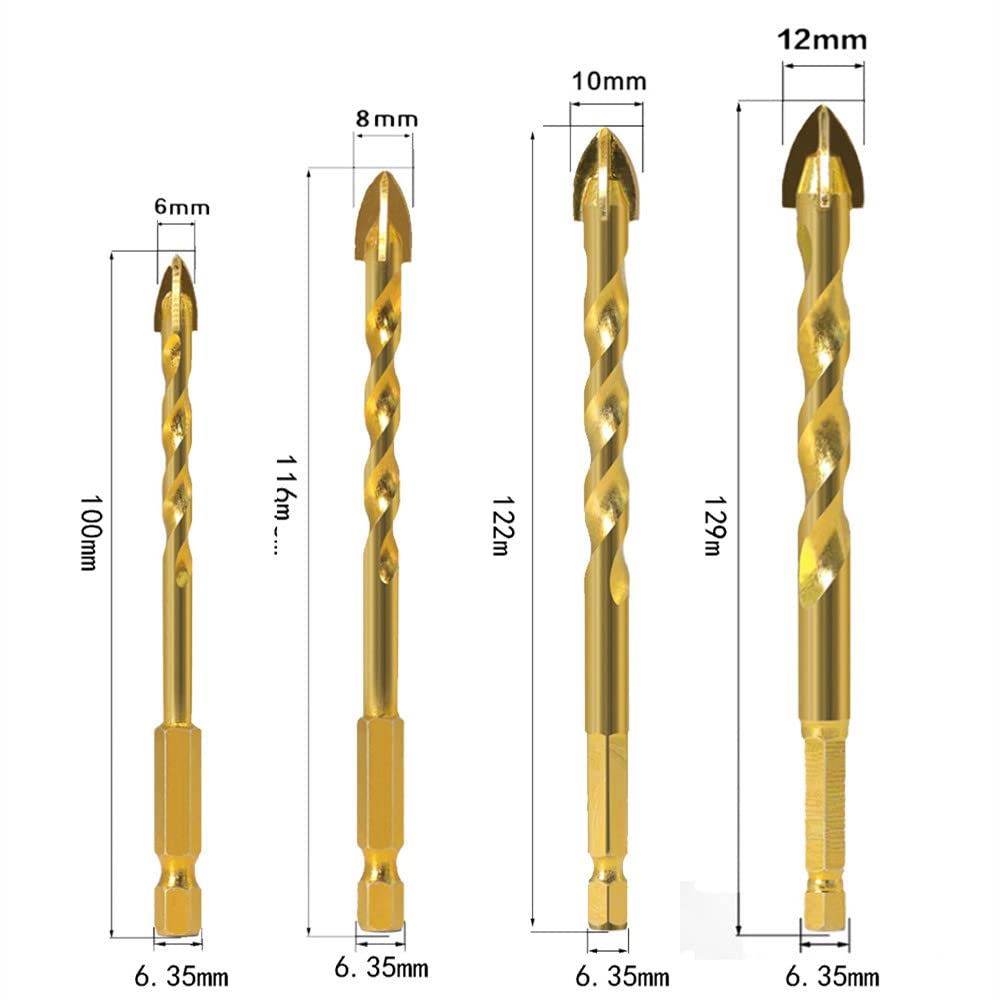 Wiertło do szkła i płytek 612 mm Skręcone czteroostrzowe wiertła diamentowe z krzyżem sześciokątnym do płytek Szklana ceramika do betonu Otwieracz do otworów Trójkątne wiertło ze stopu, 2 szt. (Color