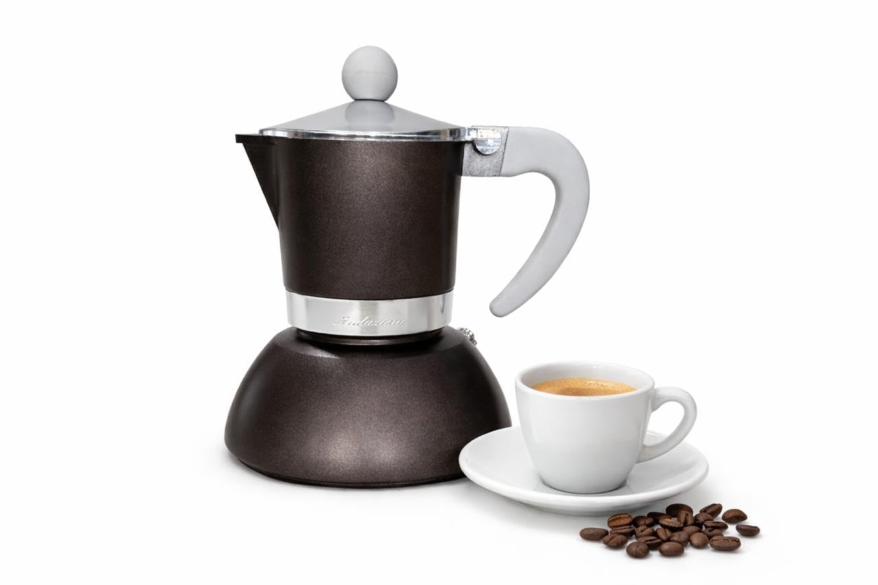 Caffettiera Moka per Induzione, 2 Tazze, Alluminio, con Manico Ergonomico, Colore Marrone Metallizzato, Design Elegante, Diametro 10cm