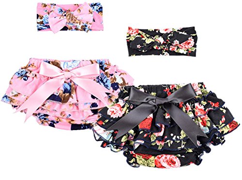 QandSweet Baby Girl Stretchy Bloomers with Headband Summer Diaper Covers 2 Conts (0-6M, Pink+Black)