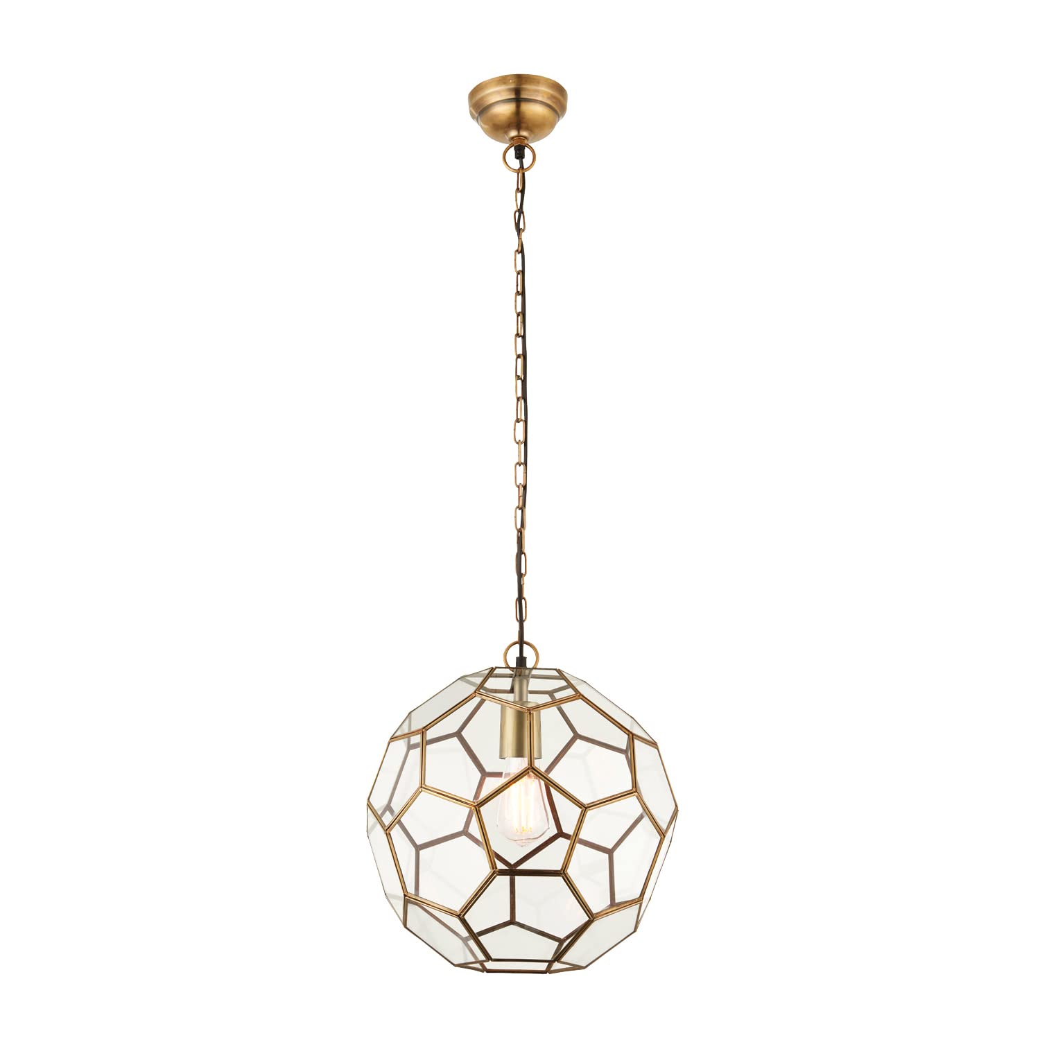 National Lighting ELKIE Decorative Hexagonal Glass Panels Globe Spherical Pendant Light with Antique Brass Trim Indoor Ceiling Lamp 300mm