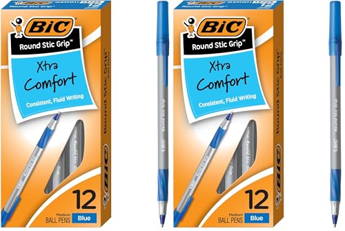 Image of BIC Round Stic Grip Xtra Comfort Blue Ballpoint Pens, Medium Point (1.2mm), Excellent Writing Pens With Soft Grip for Superb Comfort and Control, 12 Count (Pack of 2)