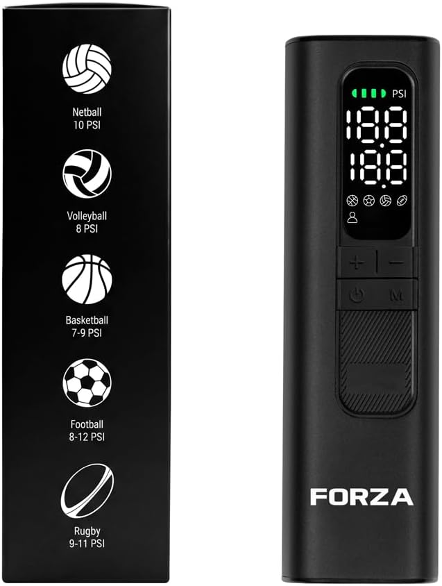 FORZA Digital Ball Pump │Rechargeable Electric Air Pump with LED Torch | Portable Sports Ball Inflator with Needles, Flex Hose, USB Charging Cable and Carry Case