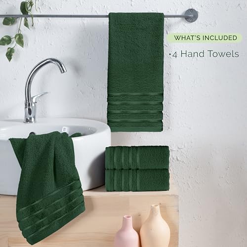 Image of Elegant Comfort 100% Turkish Cotton 4 Lines Viscose Stripe Luxury 4 Pack Hand Towel Set - Ultra Absorbent and Soft 16 x 28 Inch Premium Hotel Spa Quality Towels for Everyday Bath Use, Hunter Green