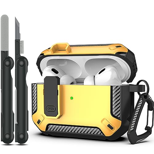 Compatibile con AirPods Pro 2 custodia protettiva con kit di pulizia militare a guscio duro con serratura con AirPod Pro giallo