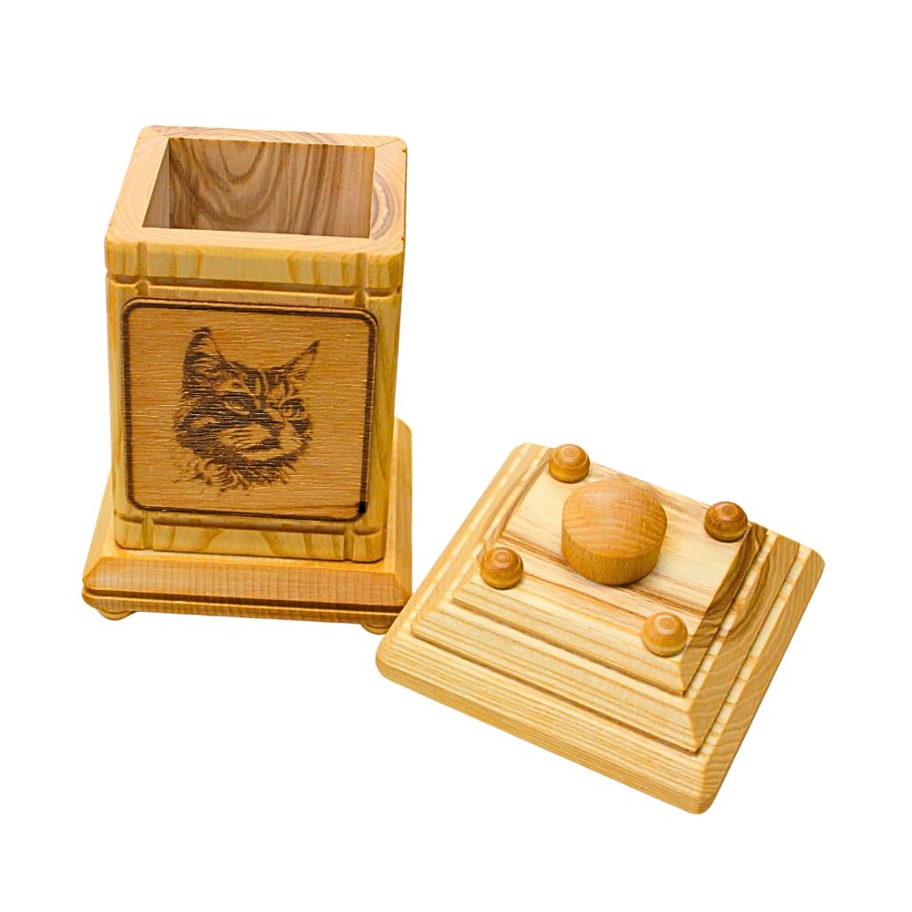 Würdevolle schlichte Tierurne, Urne für Katzen, Andenkurne Katze, Katzenandenken, Aschebox für Katzen, Andenkbox, Holzurne groß, Urne mit Katzenmotiv aus massivem Buchenholz, L/B/H 12 x 12 x 20 cm.