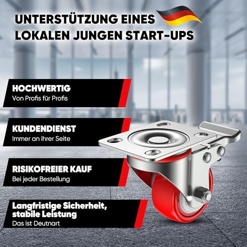 Deutnart Schwerlastrollen 50mm Möbelrollen mit Bremsen, [4 Stk bis 320kg] Lenkrollen Set Leise Schwenkrollen Polyurethan Transportrollen ohne Spuren Industrietransport und Logistik