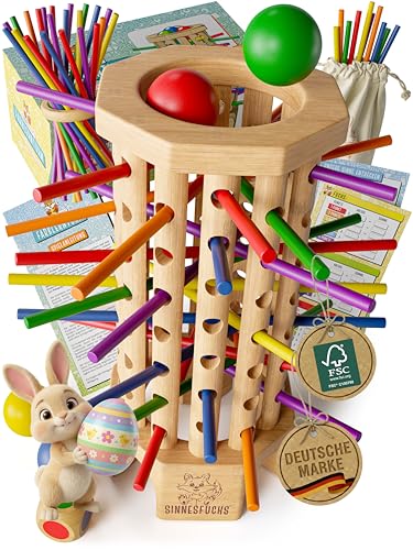 SINNESFUCHS® Farblernturm - FSC® 100% - Montessori Spielzeug ab 3 Jahre - Holzspielzeug pädagogisch wertvoll - Lernspiele ab 4 Jahre - Kinder Farben Stäbchen Holz Spiel - Kinderspiele Ostern Geschenk