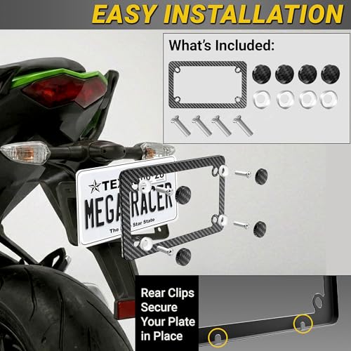 Image of Premium Motorcycle Carbon Fiber Design License Plate Frame, Rust-Free Stainless Steel, Rattle-Free & Street Legal, Universal Fit Tag Holder for Harley Davidson, Bike & Scooter, Porta Placa para Moto