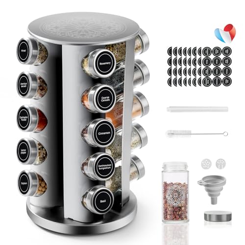 SXTIHD Carrousel à Épices en Acier Inoxydable avec Verres à Épices Ronds 20 * 100ml, Porte Épices Cuisine Rotatif, Étiquette en Français
