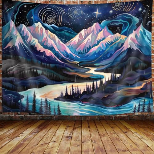 Ptrxobj Nature Mountain Tapestry, Forest Starry Night Moon Galaxy Aesthetic Tapestry Wall Hanging for Bedroom, Cool Abstract Art Tapestries Poster Blanket College Dorm Home Decor 60X40Inches