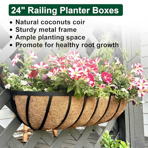 Image of DUNCHATY 24 Inch Railing Planter 2 Pack - Adjustable Metal Window Box Planter with Coco Liner for Deck Balcony Porch Fence - Outdoor Hanging Flower Basket for Herbs & Flowers