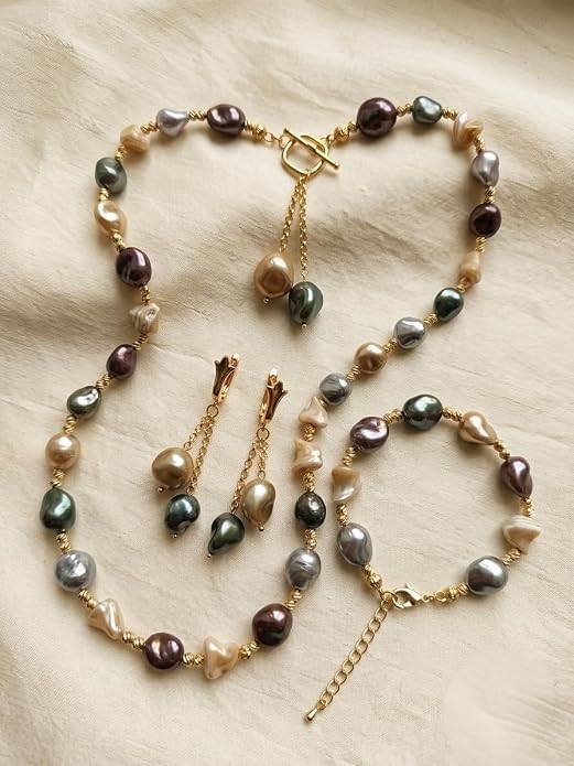 Set Gioielli con Perle Barocche Multicolore e Oro