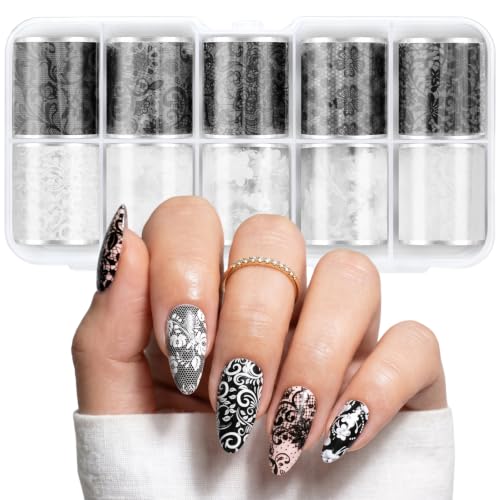 Image of MelodySusie Lace Nail Foil 10 Rolls | 5 Black /White Nail Transfer Foil Holographic Lace Nail Art Stickers Decals for DIY Acrylic Nails Manicure Decoration