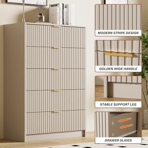 Image of Furniway Beige Dresser for Bedroom, Modern Dresser with 5 Drawers and Smooth Slides, Wide Chest of Drawers with Golden Handles for Bedroom, Living Room, Closet, 15.7 inch D x 31.5 inch W x 47.2 inch H