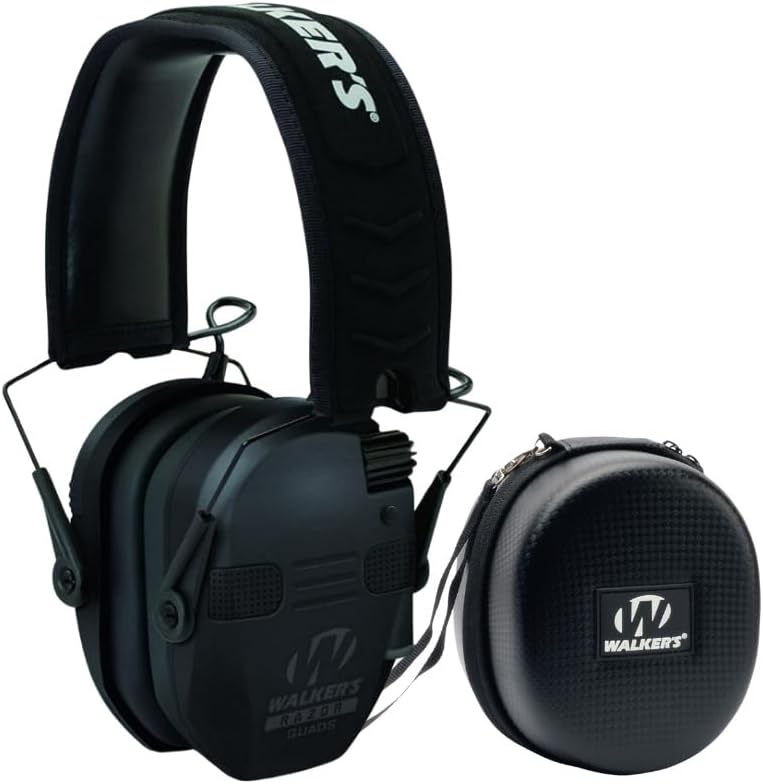 Walker's Razor Quad Electronic Muffs for Hunters and Shooters (Black, Large) Bundle Shooting Hearing Protection Case (2 Items)