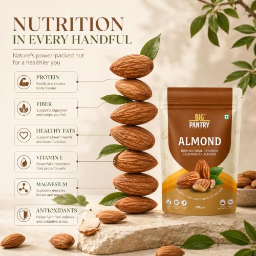 Image of BIG Pantry Premium California Almonds 200g | Whole Natural Badam | Crunchy & Fresh Almond Nuts | High Protein & High Fiber Snack | Gluten Free | Resealable Stand-Up Pouch (Pack of 1)