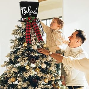 Christmas Tree Topper Hat, Black Velvet Bowler Derby Hat Topper with Long Plaid Ribbon Ornament, Christmas Snowman Topper Hat for Home Holiday Tree Decoration (Christmas Tree Topper Hat (10 x 8 Inch)) Christmas Tree Topper Hat Black Velvet Bowler Derby Hat Topper with Long Plaid Ribbon Ornament Christmas Snowman Topper Hat for Home Holiday Tree Decoration Christmas Tree Topper Hat 10 x 8 Inch