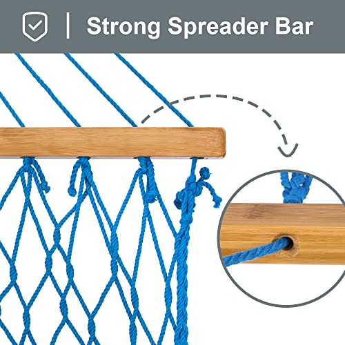 Image of SUNCREAT Rope Hammock with Spreader Bar, Carrying Bag, 450 lbs Capacity, Two Person Hammock with Tree Hooks, Blue