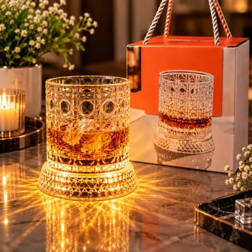 Image of Crystal Pattern LED Spinning Whiskey Glass (Pack of 2)