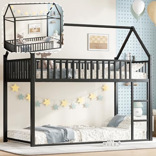 Image of Bellemave Twin Bunk Beds for Kids with Guardrails Convertible to Loft Beds & Floor Bed Frame, Metal Montessori Floor Bed Twin Size Safety Playhouse Loads 350 LBS, Black