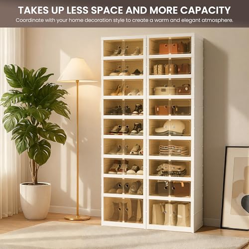Image of Foldable Shoe Organizer Storage Box, Portable Extra Large Folding Shoe Rack for Closet, Shoe Storage Box with Magnetic Transparent Door and Wheels, 9 Layers 18 Grids with 2 Big Grids