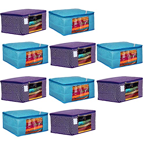 Image of Cover | Dress Cover Bag | Cotton Saree Cover Closet Orgnizer /Saree Bags for Wardrobe Orgnizer Clothe Covers | Dress | Dress Bag (Pack of 10, SkyBlue + Purple)