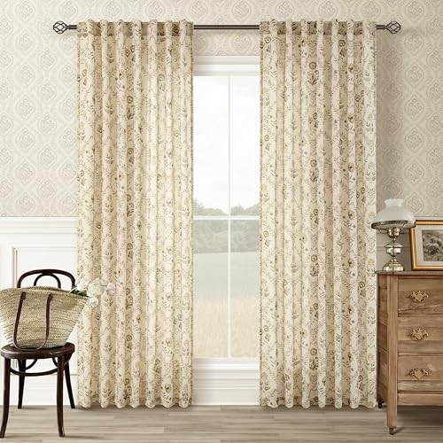 Image of Tan Brown Floral Linen Curtains for Living Room 86 Inch Length 2 Panels