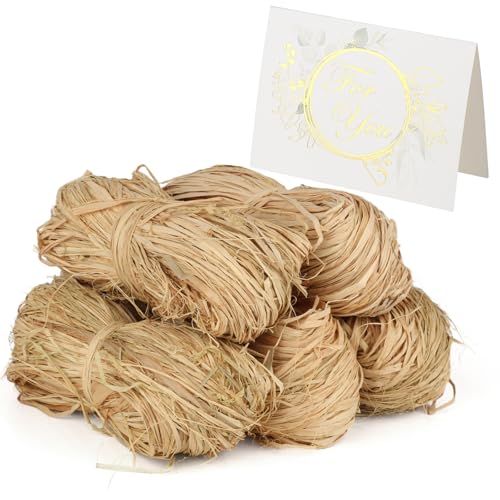 5 Pièces Raphia Naturel, 250g Paille Decorative, Rafia avec 1 Petite Carte Pour Bouquets de Fleuristes, Tissage, Remplissage de Cadeau
