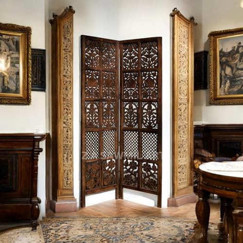 Image of Wooden Partition for Living Room, Privacy Divider, Wooden Room Separator, Divider for Office, Partition for Puja Room, (Mix Frame Design - Brown) (6 Feet 2 Panel)