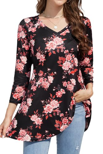 Enmain Camisetas de Mujer Manga 3/4 Tallas Grandes Blusas para Mujer Elegantes Holgada Cuello V Casual Túnica Tops Elasticidad Camisas Manga Larga Floral Negro&Rosa 3XL
