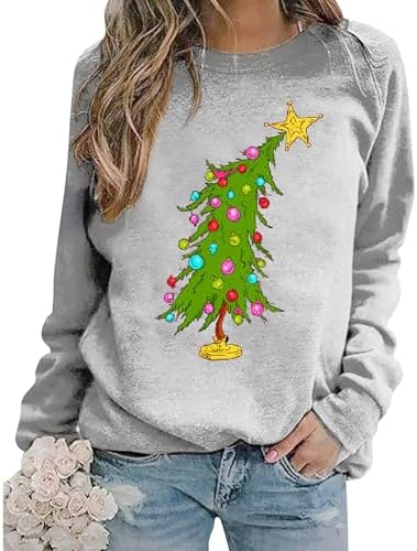 Christmas Sweatshirts for Women Cute Christmas Tree Graphic Long Sleeve Shirt Xmas Holiday Party Pullover Blouse