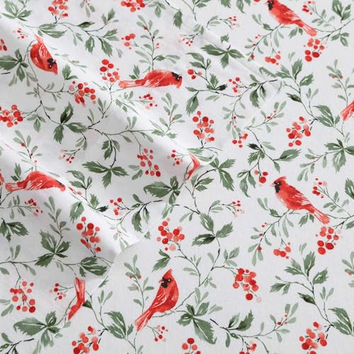 Image of Laura Ashley - Flannel Sheets Twin Size, Anti-Pilling & Wrinkle Resistant Cotton, Touchably Soft for All-Season Comfort - Bed Sheets with Matching Pillowcase & Fitted Sheet (Jolly Cardinals Green)