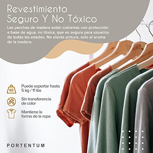 Miniatura 5 de PORTENTUM Perchas de Madera, Set de 10, Color Natural - Gancho Giratorio 360º, Muescas para Vestidos y Blusas, Barra Antideslizante para Pantalones, Aptas para Trajes, Camisas, Chaquetas