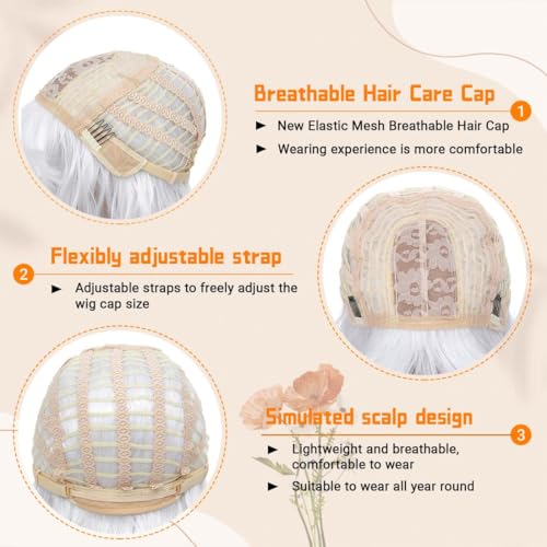 Image of Pastel White Wavy Bob Wig for Women, Short Shoulder Length Synthetic Wig with Bangs, Matte Natural Realistic Look Lightweight Hairpiece, White Color for Daily Wear & Cosplay Costume