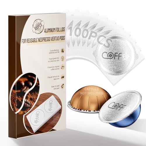 Image of 100 Pcs Aluminum Foil Seal Lids with Double Ear Tabs | Strong Sealing Performance, 3-Point Positioning Design for Reusable Nespresso Vertuo Coffee Pods Capsules