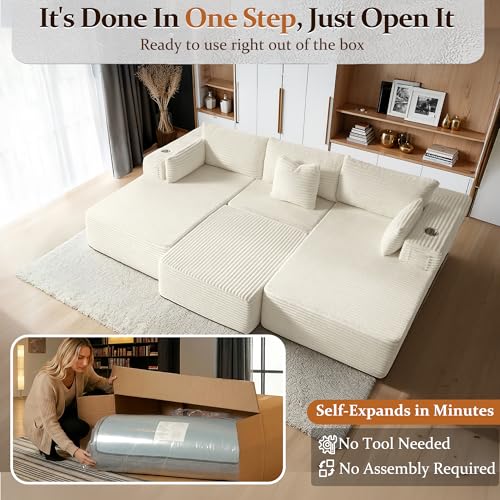 Image of 108 inch Cloud Sectional Couch, Comfort Sleep Sofa for Living Room, Extra Deep Seats No Assembly, Minimalist Modular Couch, Corduroy (Cream, Widen Loveseat Chaise)