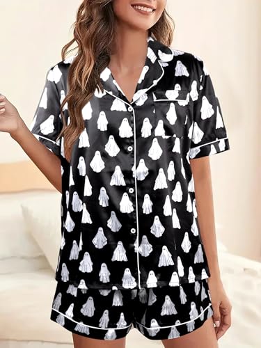 Halloween Pajamas 2 Piece Womens Ghost Button Down Short Sleepwear Sets - image 3