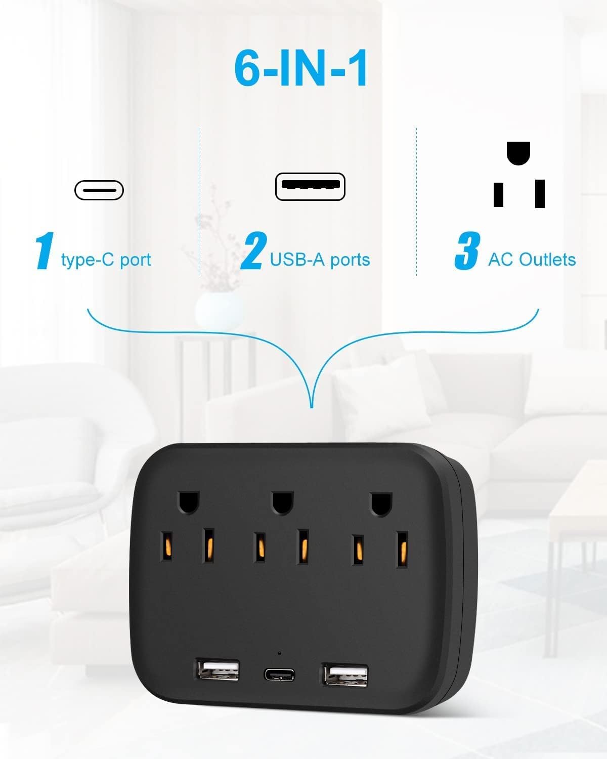 BrainyTrade USB Wall Charger, Surge Protector, Multi Plug Outlet, 3 Outlet Extender with 3 USB Charging Ports (1 USB C Outlet)，for Home/School/Office/Travel