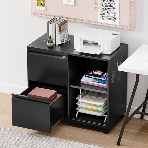 Image of SISESOL 2 Drawer File Cabinet with Lock and Shelf,Mobile Lateral Filing Cabinet,Metal Filing Cabinets with Open Storage Shelves Organizer for Home Office Fit Legal /Letter A4 Size (Black)