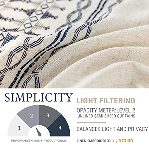 Jinchan Boho Curtains Embroidered Window Curtains For Bedroom Linen Curtains Geometry Grommet Bohemian Window Treatment Set For Living Room 50" W X 84" L 2 Panels Blue On Beige #TOP4